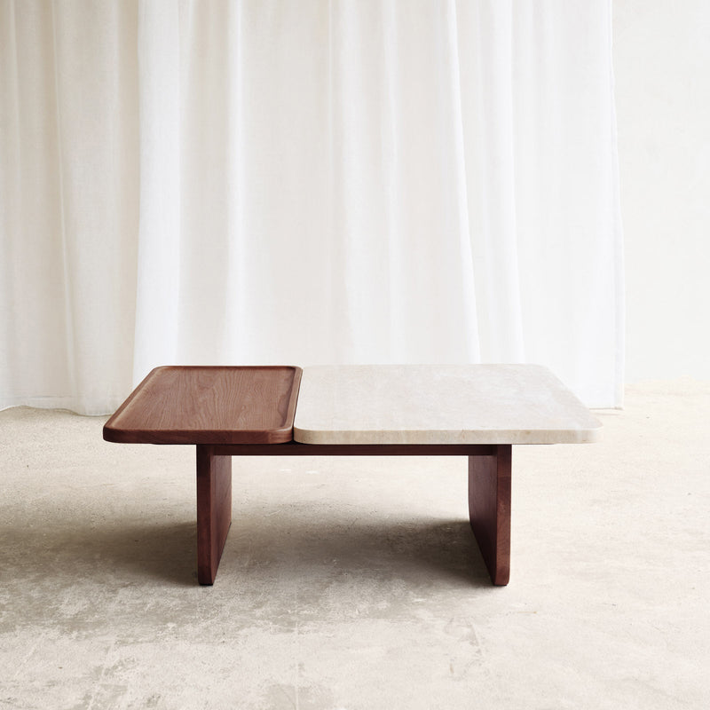 Duo coffee table travertine top with walnut base - Originals Furniture Singapore