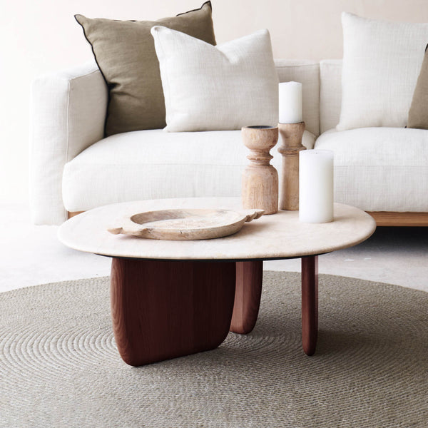 Eden coffee table travertine top with walnut base - Originals Furniture Singapore