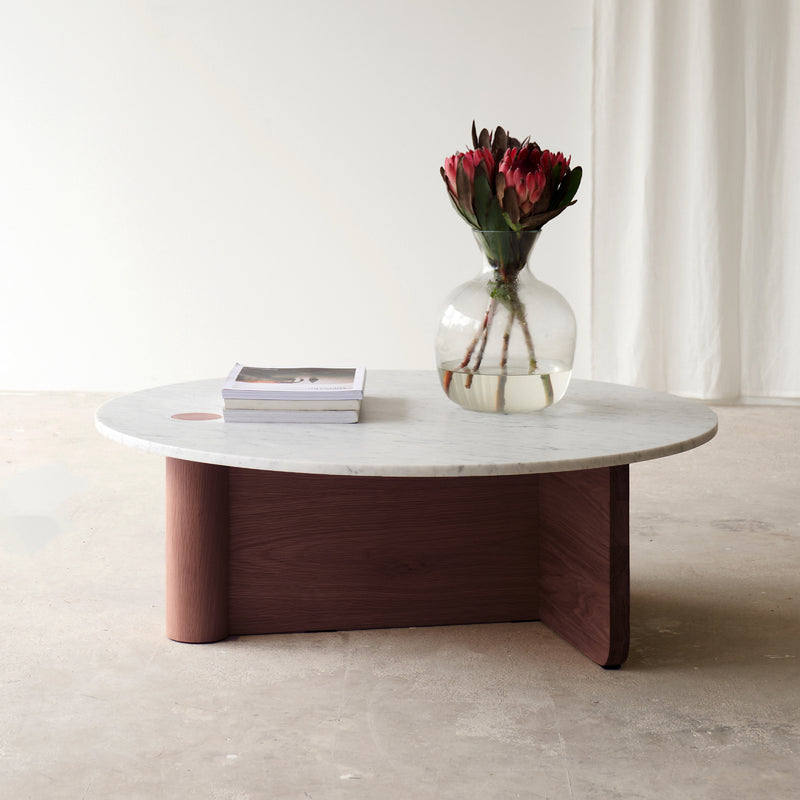 Pivot coffee table marble top with walnut base - Originals Furniture Singapore