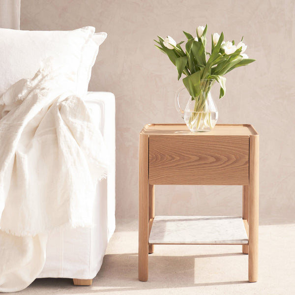 Sketch Tye Nightstand Bedside Table Marble with Oak Base from Originals Furniture Singapore