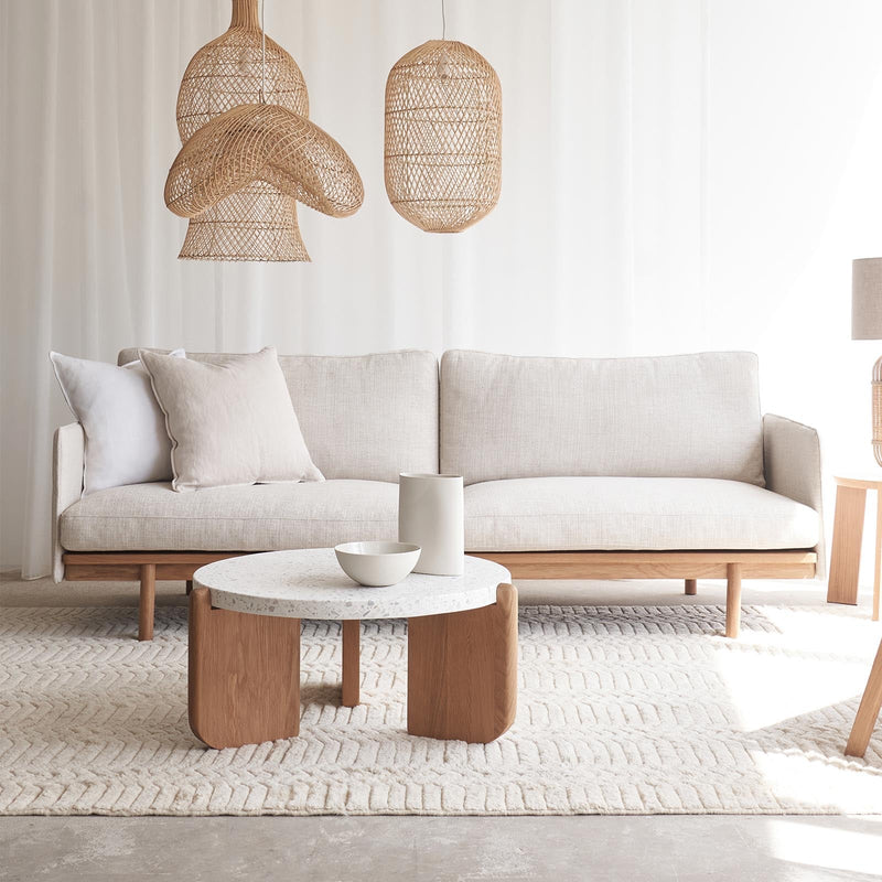 Native coffee table white terrazzo with oak base, pensive fabric sofa - Originals Furniture Singapore