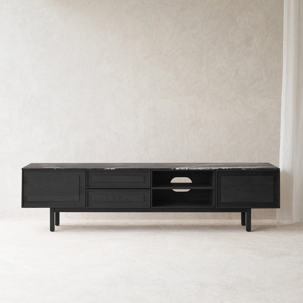 Yorke TV Console with Drawers | Nero Marble and Black Oak