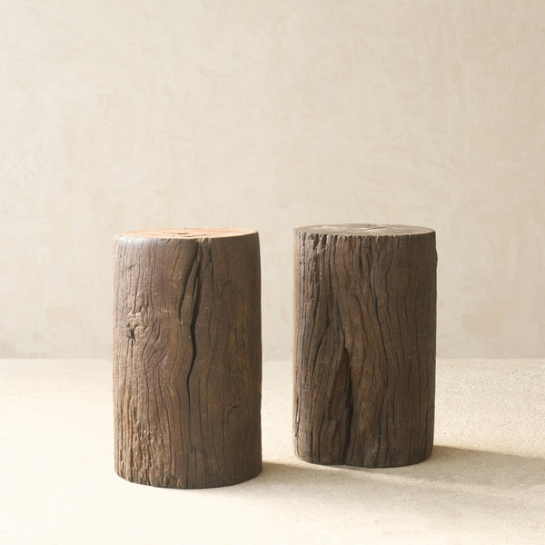 Reclaimed Indian solid wood log pedestal handcrafted from a salvaged timber log, suitable as a side table or display pedestal.