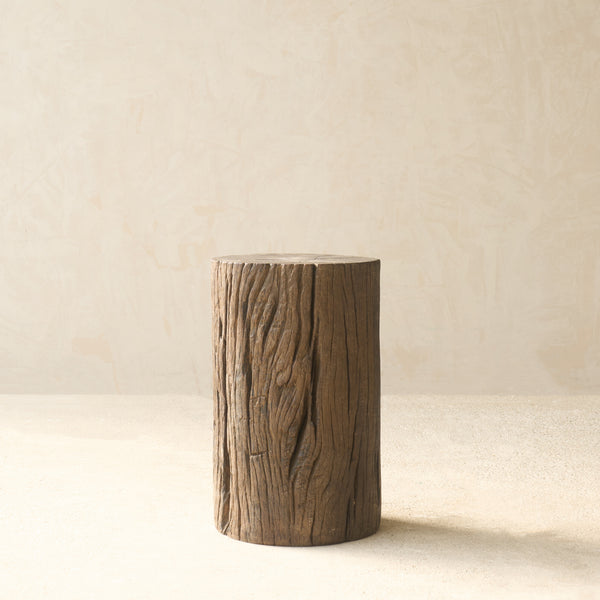 Reclaimed Indian solid wood log pedestal handcrafted from a salvaged timber log, suitable as a side table or display pedestal.