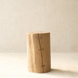 Reclaimed Indian solid wood log pedestal handcrafted from a salvaged timber log, suitable as a side table or display pedestal.