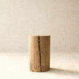 Reclaimed Indian solid wood log pedestal handcrafted from a salvaged timber log, suitable as a side table or display pedestal.