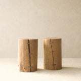 Reclaimed Indian solid wood log pedestal handcrafted from a salvaged timber log, suitable as a side table or display pedestal.