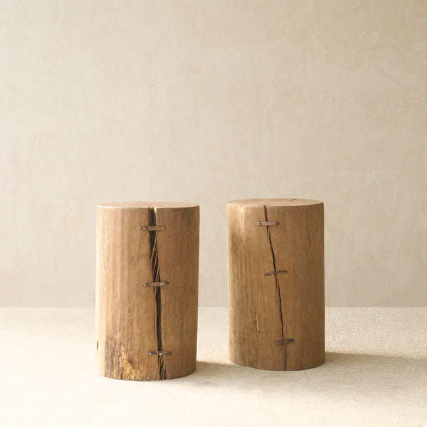 Reclaimed Indian solid wood log pedestal handcrafted from a salvaged timber log, suitable as a side table or display pedestal.