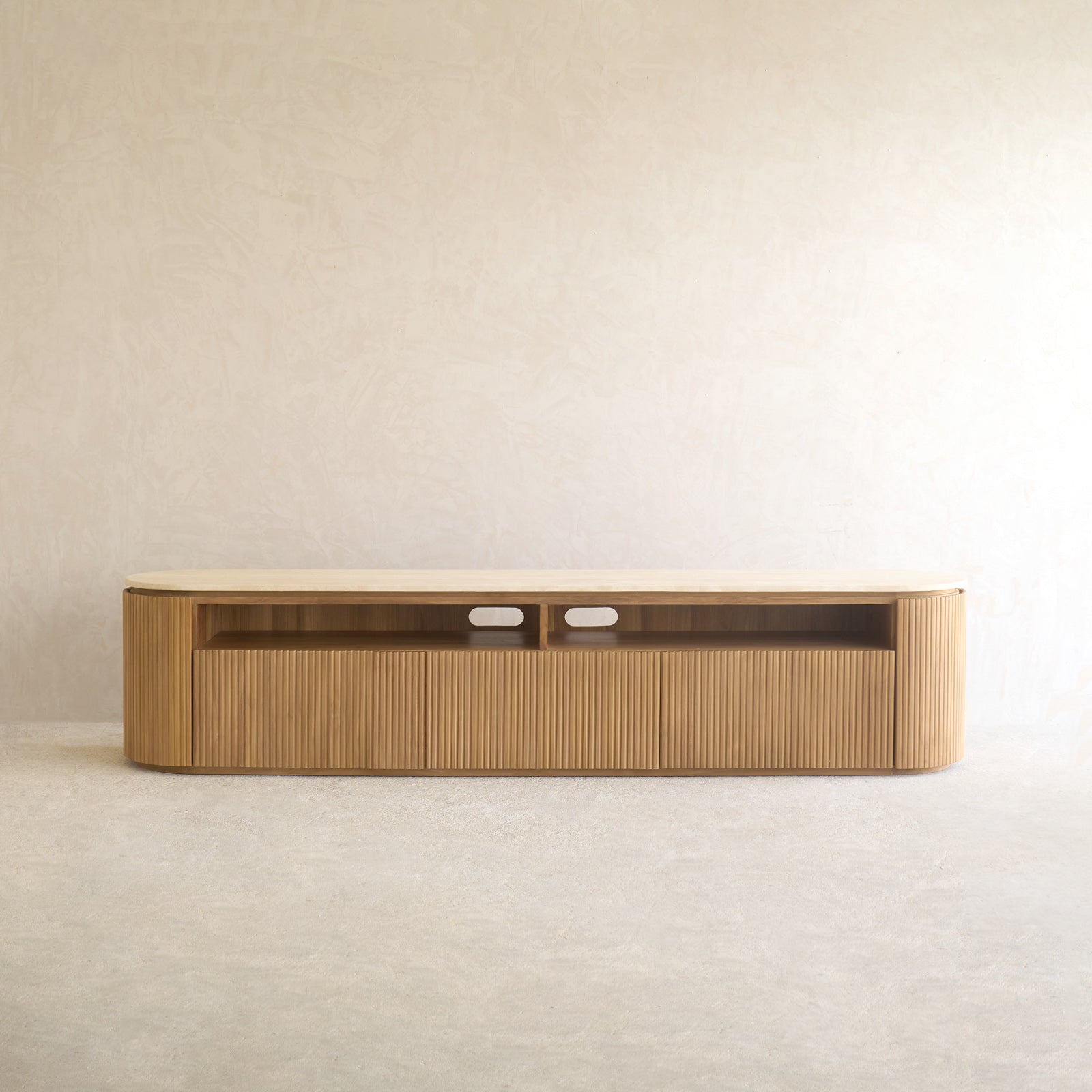 Moher Travertine TV Console | Natural Teak & Travertine Top | 230cm
