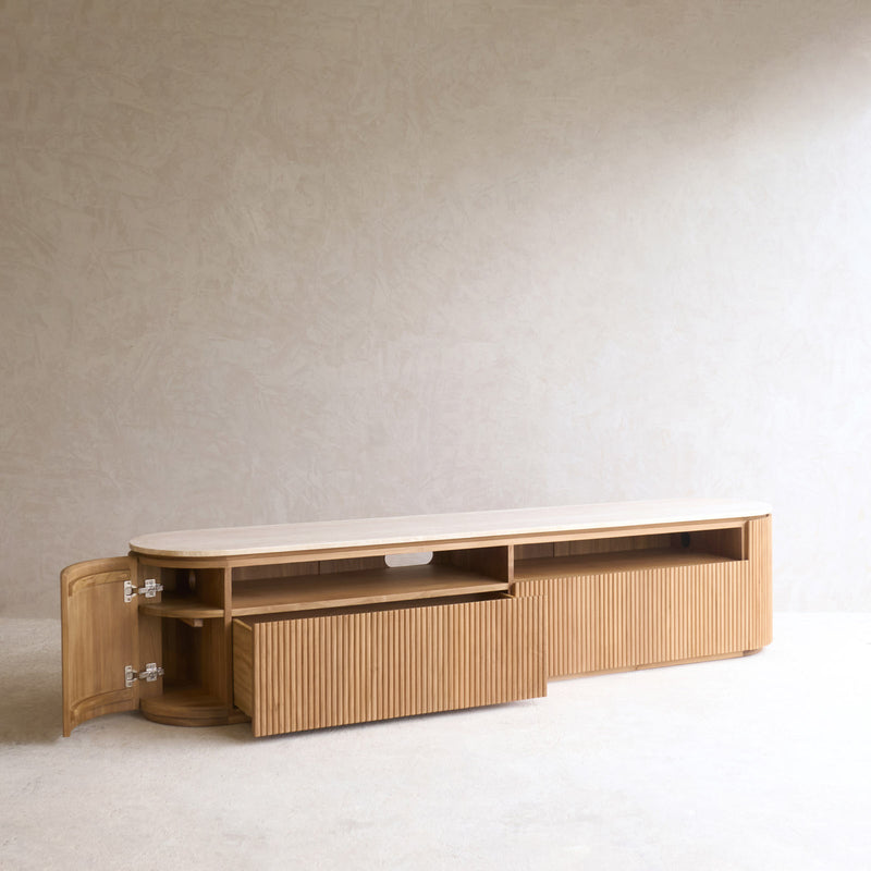 Moher Travertine TV Console | Teak - Natural