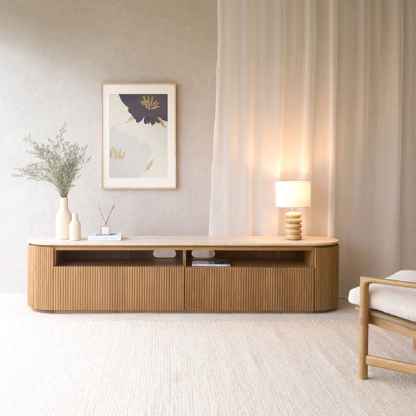 Moher Travertine TV Console | Teak - Natural