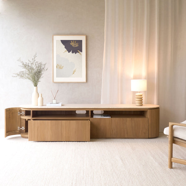 Moher Travertine TV Console | Teak - Natural