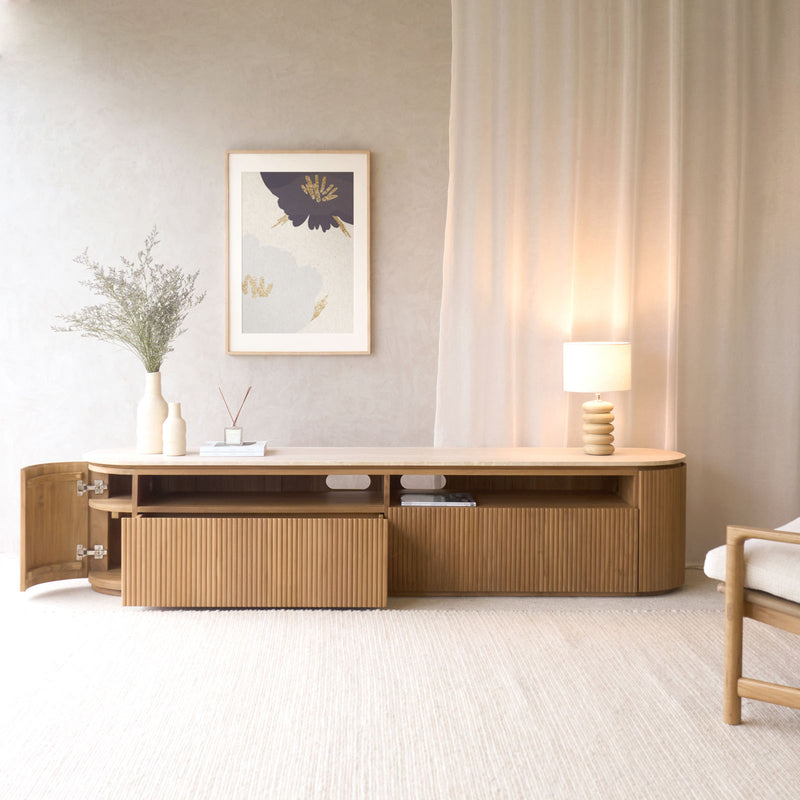 Moher Travertine TV Console | Teak - Natural