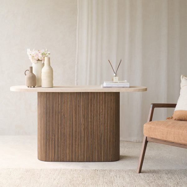 Gion Console | Travertine with Latte Oak Base (140cm)