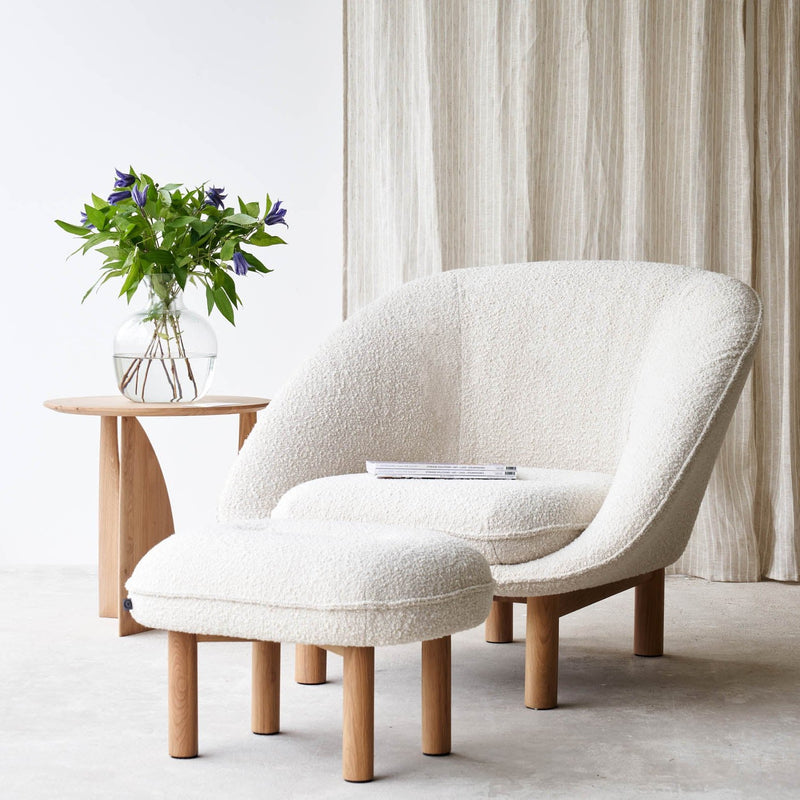 Portobello fabric armchair in milk with footstool and geometric side table- Originals Furniture Singapore