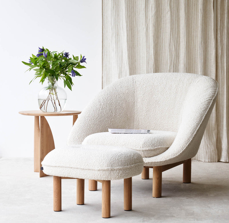 Portobello fabric armchair in milk with footstool and geometric side table- Originals Furniture Singapore