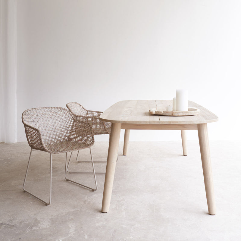 Icon outdoor teak dining table in whitewash with violet outdoor dining chairs in linen - Originals Furniture Singapore 