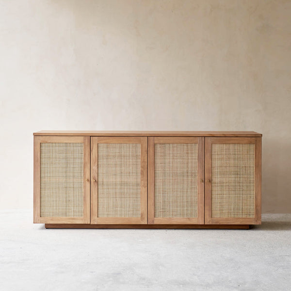 Hudson Teak Rattan Sideboard Natural Square Webbing with 4 doors - $3,680