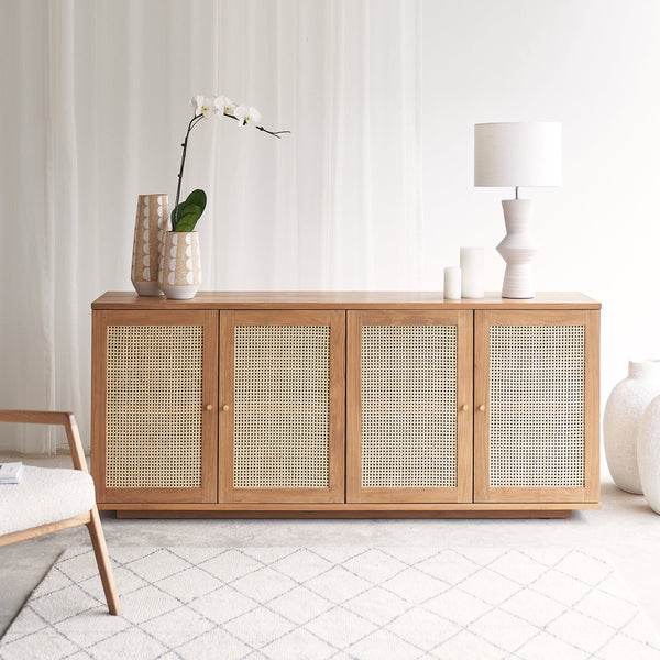 Hudson teak sideboard 4 doors with rattan inserts, crafted from sustainably sourced Java teak with fixed shelves - $3680