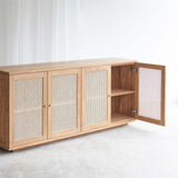 Hudson teak sideboard 4 doors with rattan inserts, crafted from sustainably sourced Java teak with fixed shelves - $3680