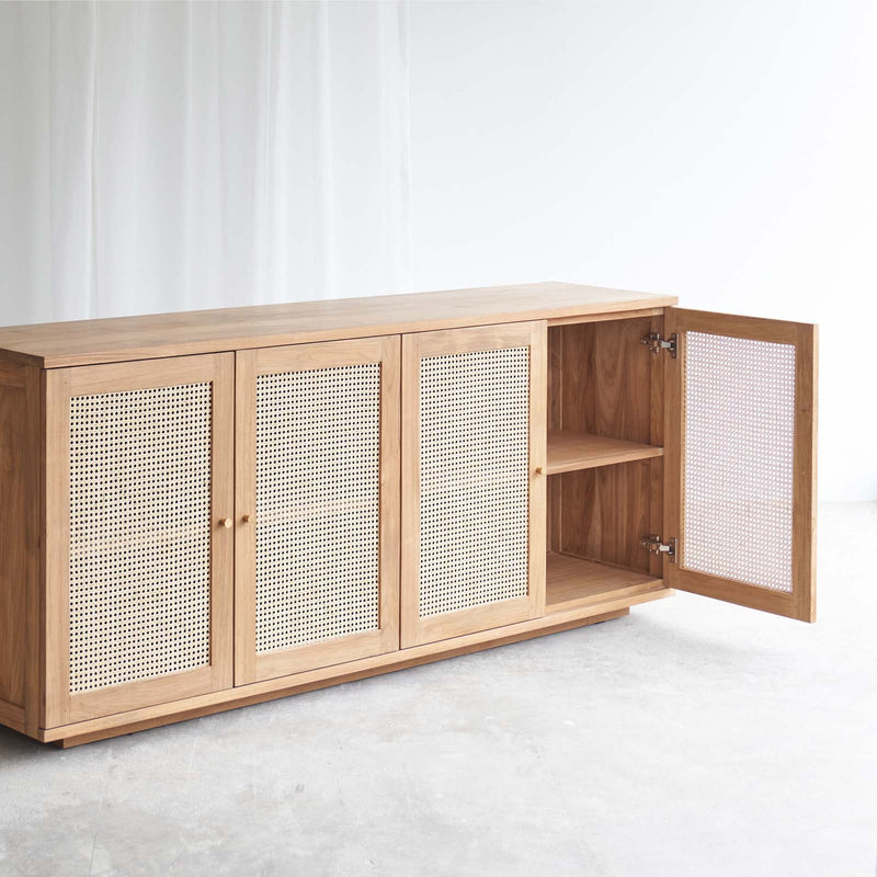 Hudson teak sideboard 4 doors with rattan inserts, crafted from sustainably sourced Java teak with fixed shelves - $3680