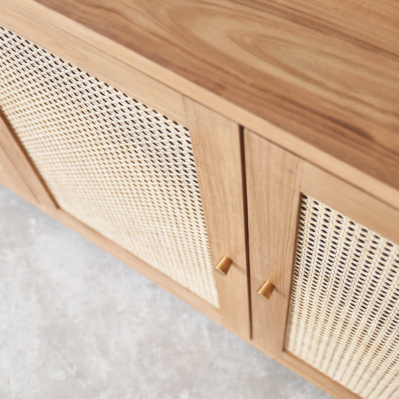 Hudson teak sideboard 4 doors with rattan inserts, crafted from sustainably sourced Java teak with fixed shelves - $3680