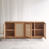 Hudson teak sideboard 4 doors with rattan inserts, crafted from sustainably sourced Java teak with fixed shelves - $3680