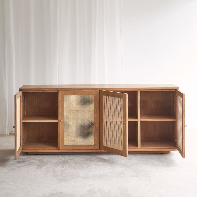Hudson teak sideboard 4 doors with rattan inserts, crafted from sustainably sourced Java teak with fixed shelves - $3680