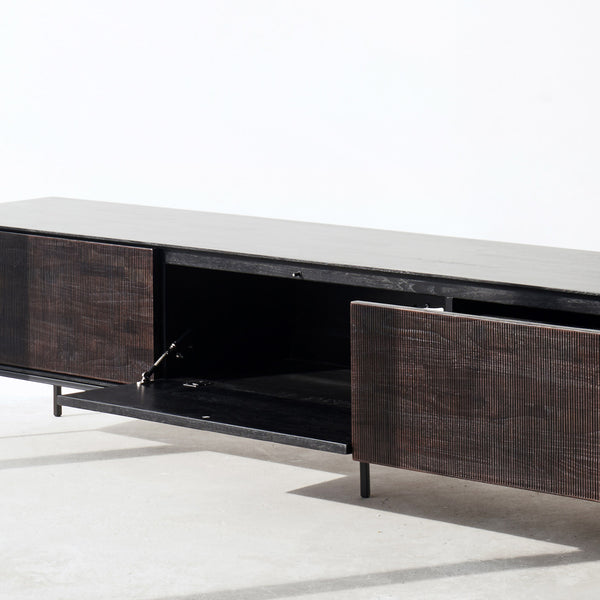 Ethnicraft grooves teak TV console 1 flip door 2 drawers, crafted from sustainably sourced teak with push latch door - $3440