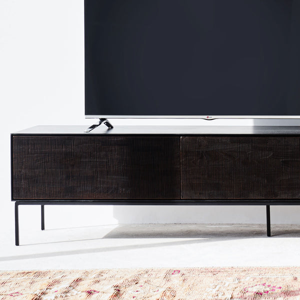 Ethnicraft grooves teak TV console 1 flip door 2 drawers, crafted from sustainably sourced teak with push latch door - $3440