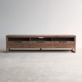 Ethnicraft light frame teak TV console 3 drawers, crafted from sustainably sourced teak with fixed shelve and soft closing blum drawers - $2890