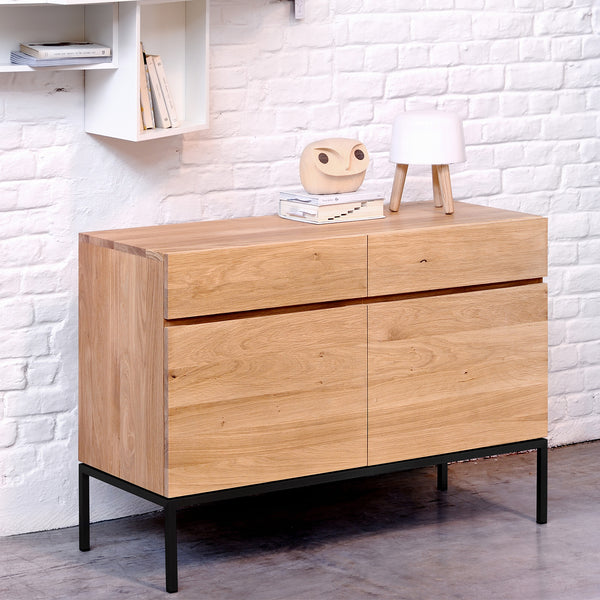 Ethnicraft ligna oak sideboard 2 doors 2 drawers crafted with high quality European oak with adjustable shelves and soft closing blum drawer runners - $2060