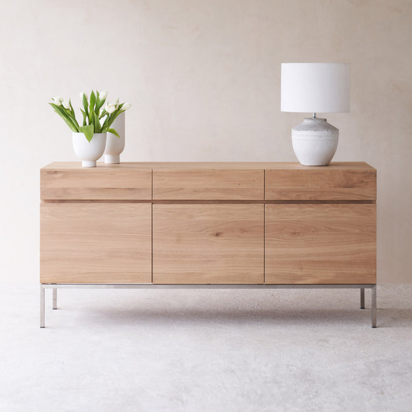 Ethnicraft ligna oak sideboard 3 doors 3 drawers crafted with high quality European oak with adjustable shelves and soft closing blum drawer runners - $3160