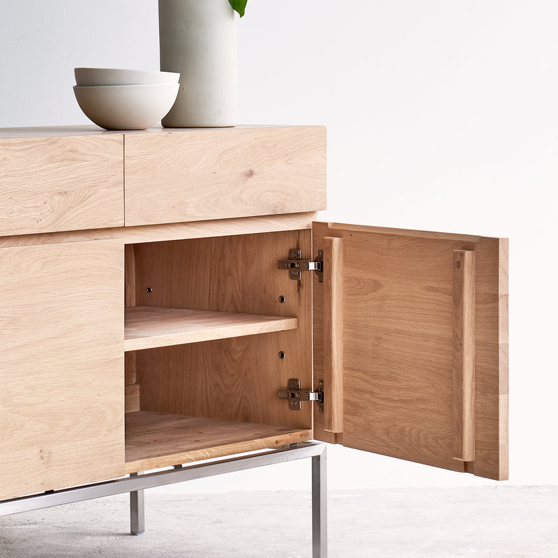 Ethnicraft ligna oak sideboard 3 doors 3 drawers crafted with high quality European oak with adjustable shelves and soft closing blum drawer runners - $3160