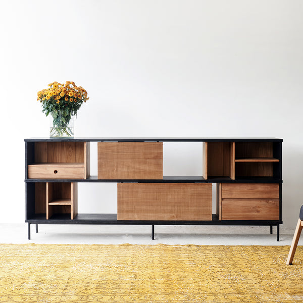Ethnicraft oscar teak sideboard 2 doors 3 drawers, crafted with FSC certified sustainably sourced teak with sliding doors and adjustable shelves - $4670