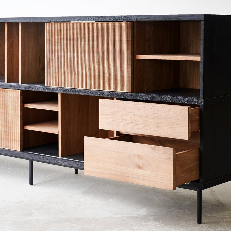 Ethnicraft oscar teak sideboard 2 doors 3 drawers, crafted with FSC certified sustainably sourced teak with sliding doors and adjustable shelves - $4670