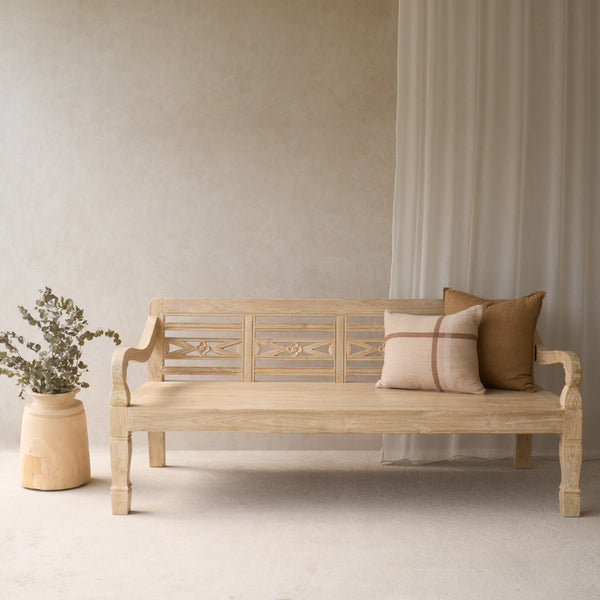 Java Teak Carved Bench | 3 Seater - Whitewash E (198 x 62 x 89cm)