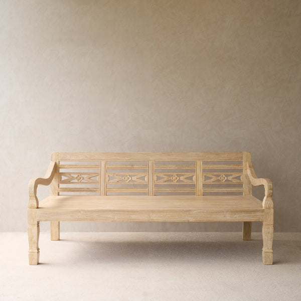 Java Teak Carved Bench | 3 Seater - Whitewash E (198 x 62 x 89cm)
