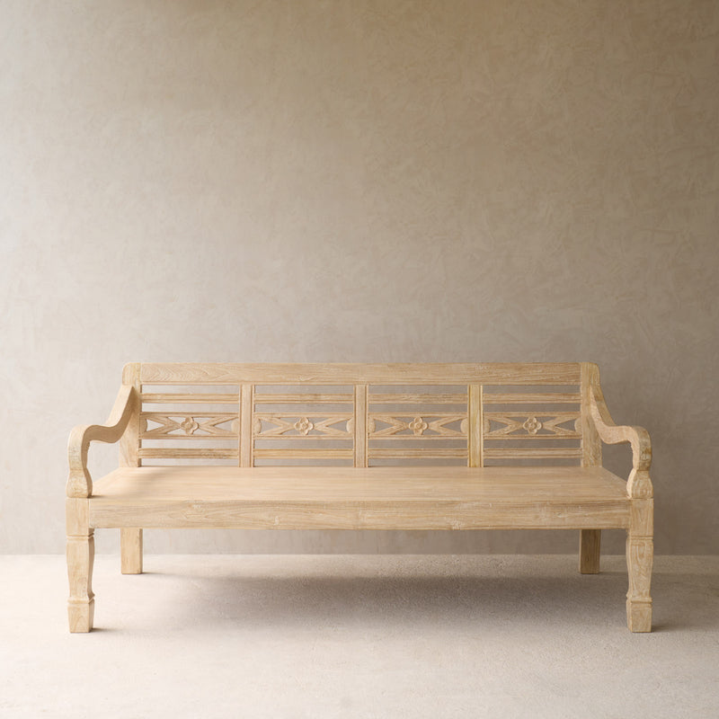 Java Teak Carved Bench | 3 Seater - Whitewash E (198 x 62 x 89cm)