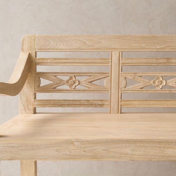 Java Teak Carved Bench | 3 Seater - Whitewash E (198 x 62 x 89cm)