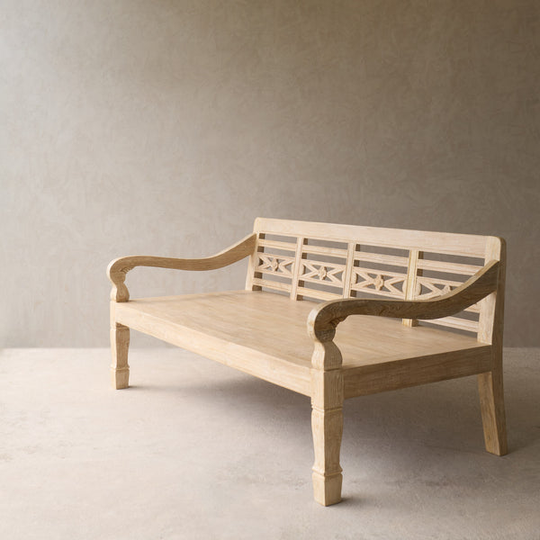 Java Teak Carved Bench | 3 Seater - Whitewash E (198 x 62 x 89cm)