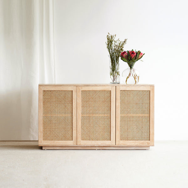 Rattan sideboard 3 doors whitewash handcrafted from Java with natural hard-wearing rattan weave - $3200