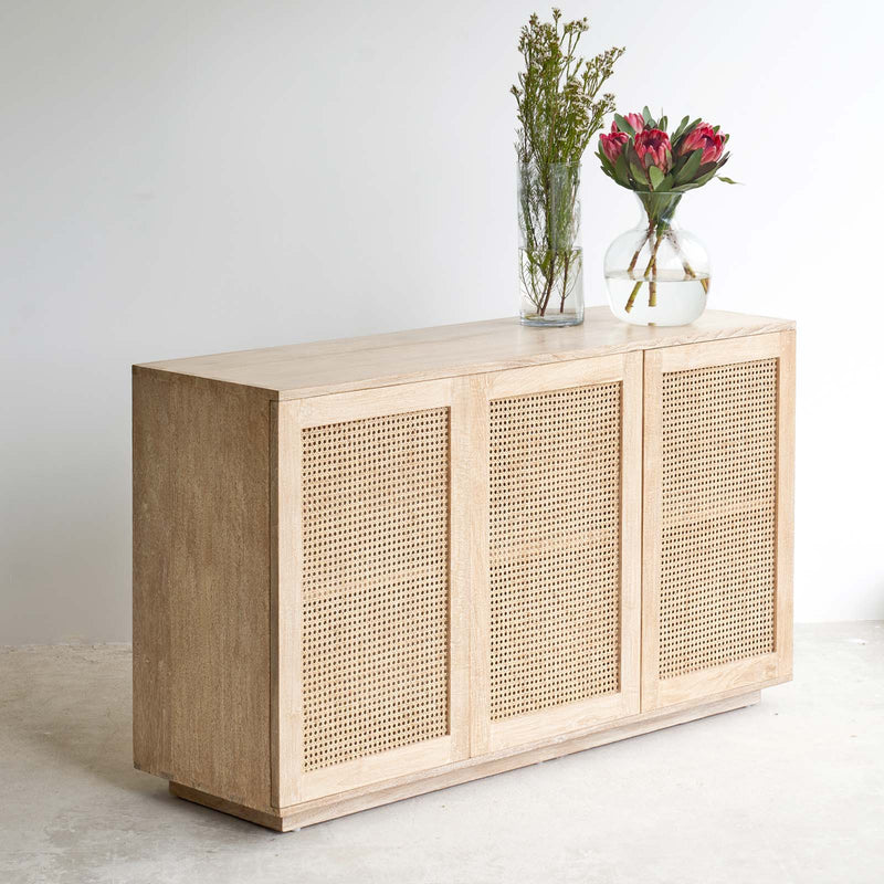 Rattan sideboard 3 doors whitewash handcrafted from Java with natural hard-wearing rattan weave - $3200