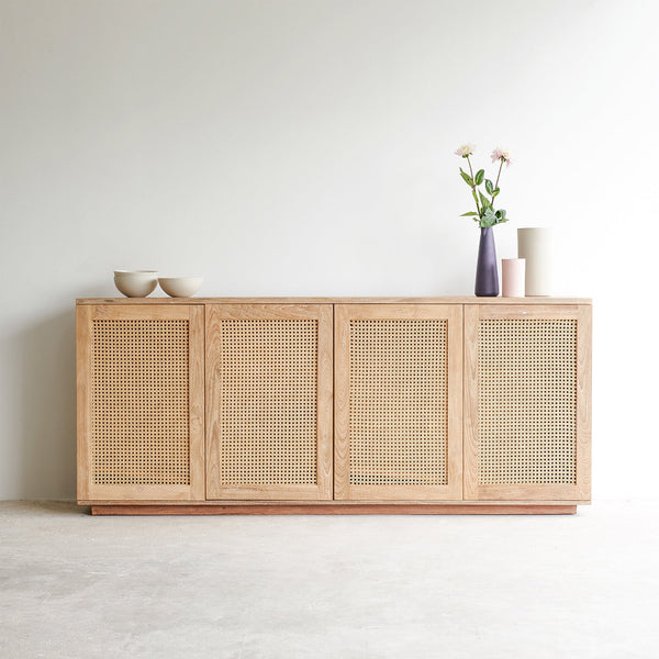 Rattan sideboard 4 doors whitewash handcrafted from Java with natural hard-wearing rattan weave - $3600