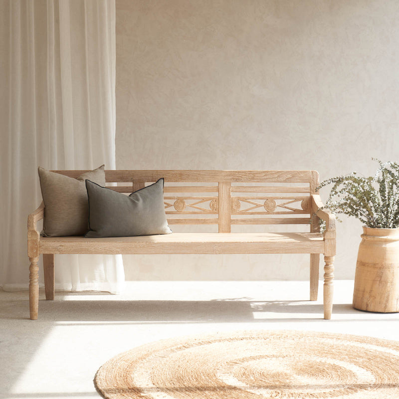 Java Teak Carved Bench | 3 Seater - Whitewash F (179cm)