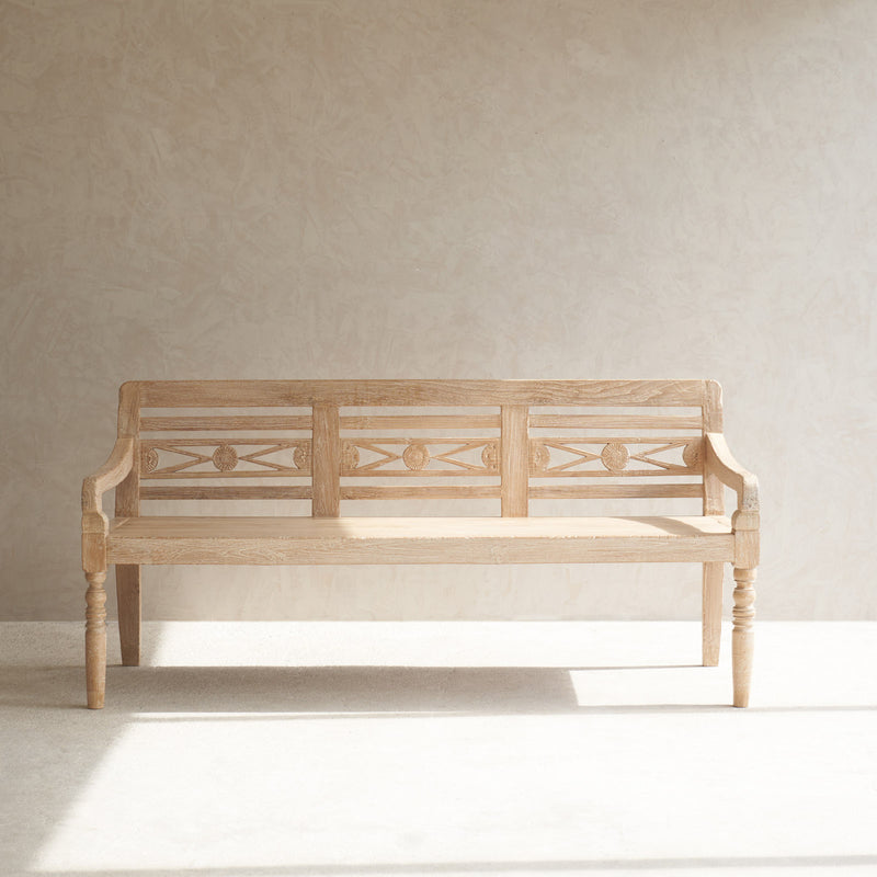 Java Teak Carved Bench | 3 Seater - Whitewash F (179cm)