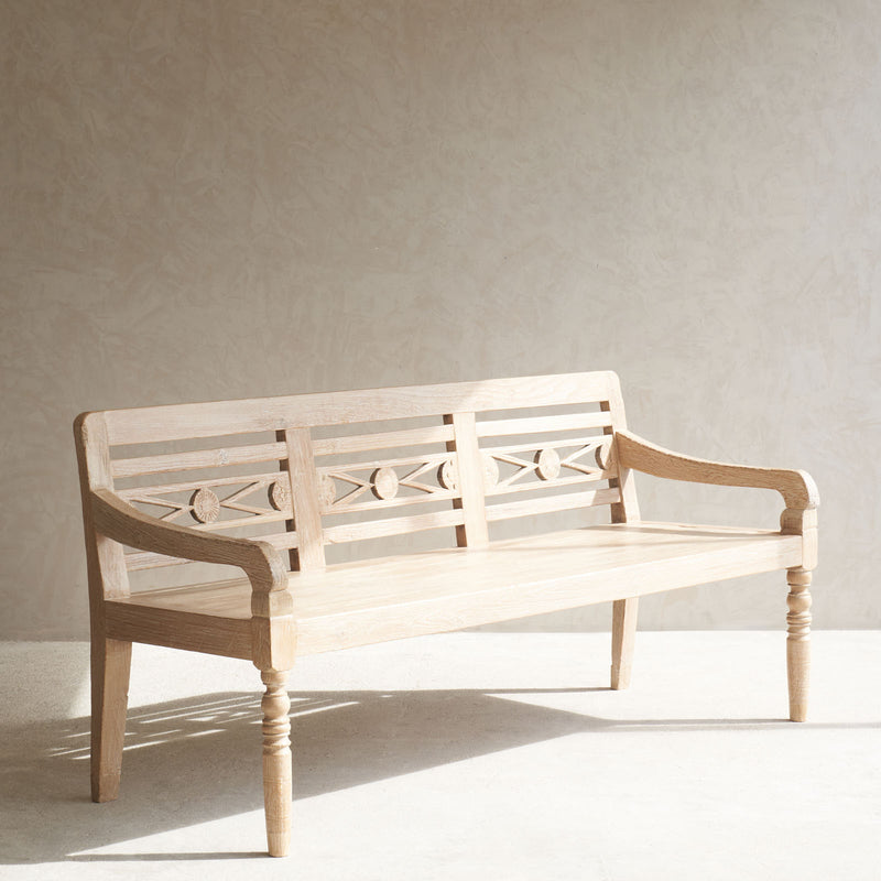 Java Teak Carved Bench | 3 Seater - Whitewash F (179cm)