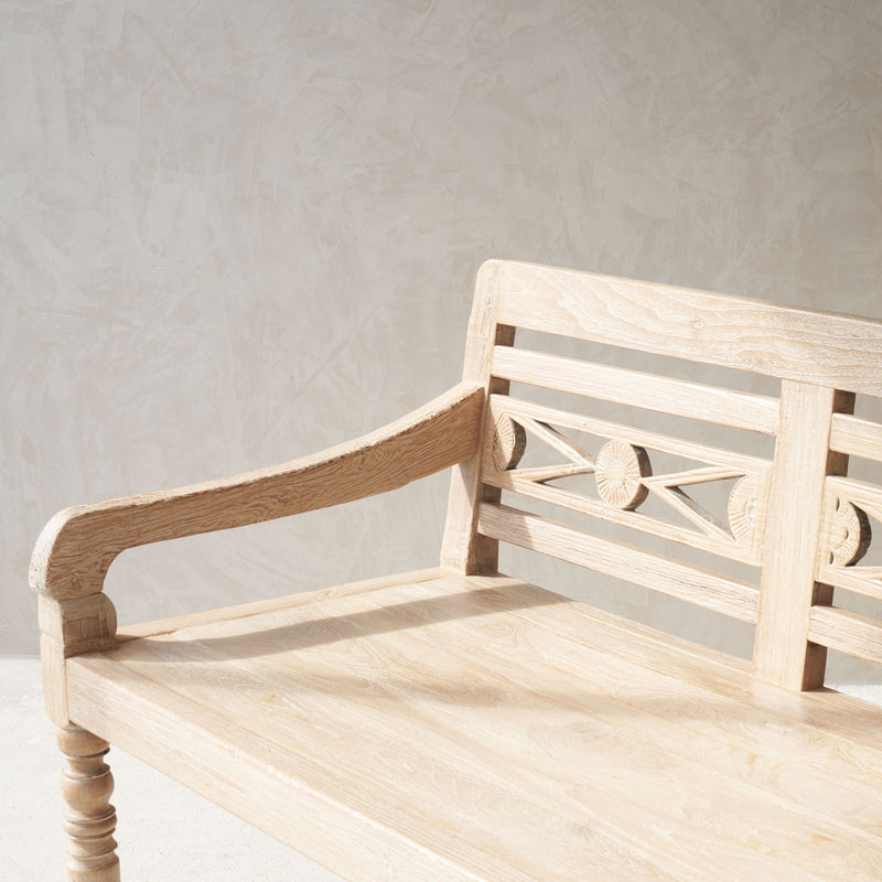 Java Teak Carved Bench | 3 Seater - Whitewash F (179cm)