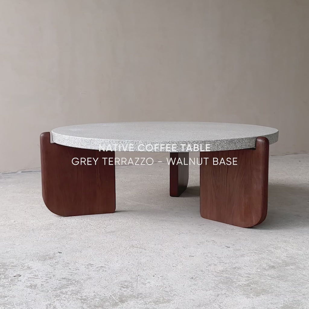 Native coffee table grey terrazzo top with walnut base - Originals Furniture Singapore