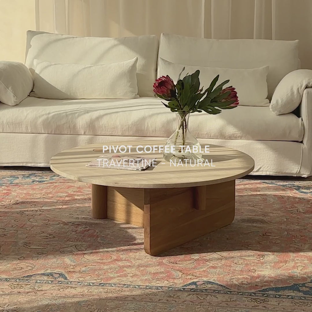 Pivot coffee table travertine top with oak base - Originals Furniture Singapore